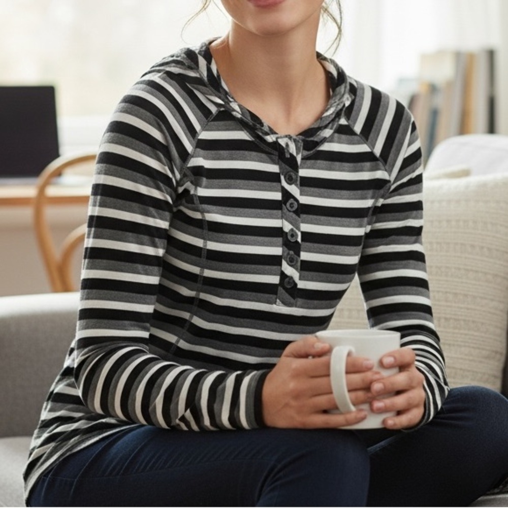 Adventura Organic Cotton Henley Long Sleeve Black White Striped Top‎
